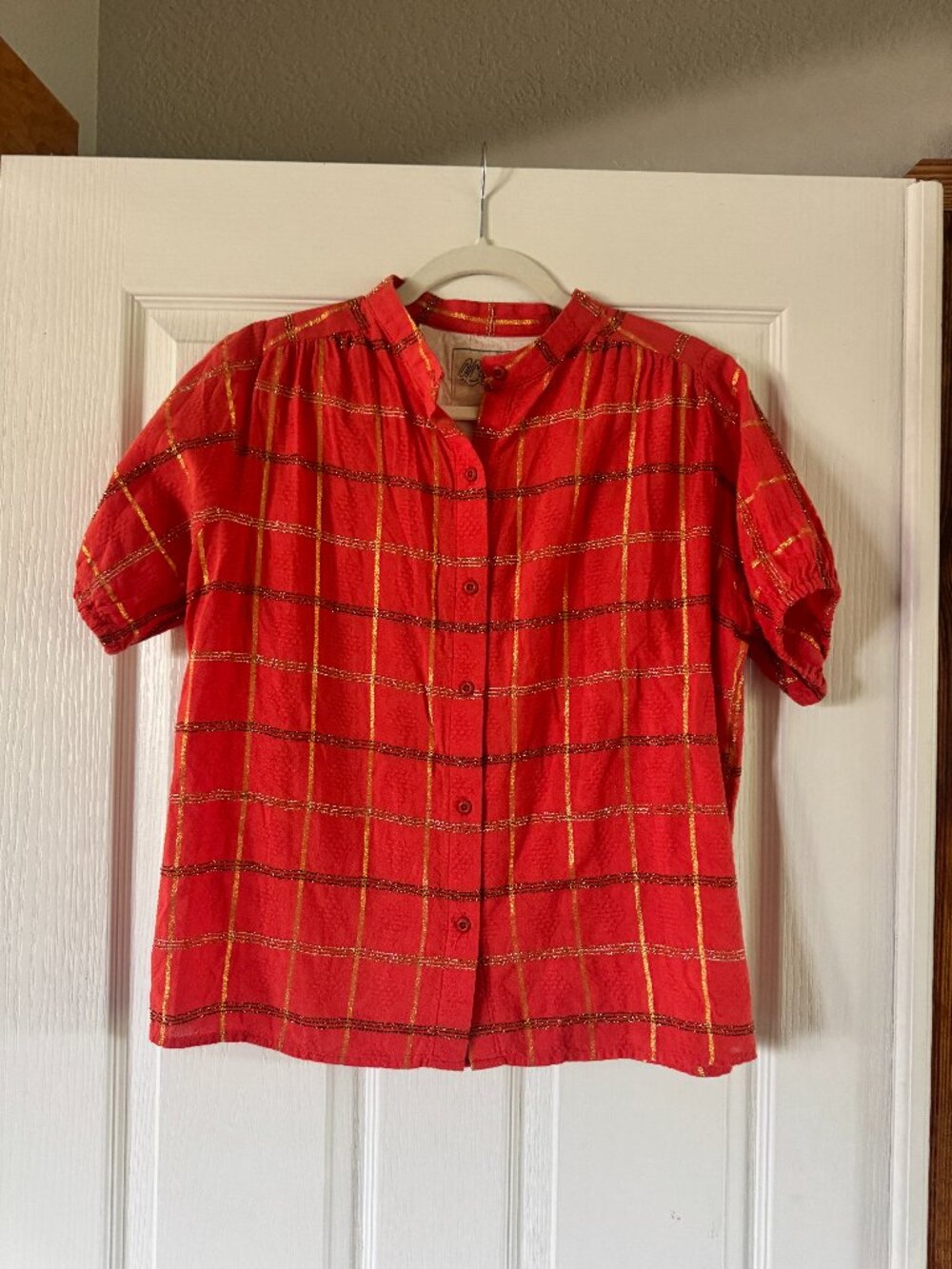 Womens Red Short Sleeve Button Front Top